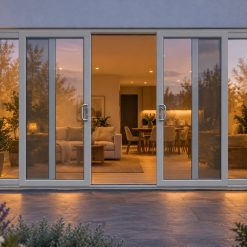 Agate Grey uPVC 4 pane sliding patio door lit up in the evening