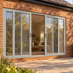 Agate Grey uPVC 4 pane sliding patio door opening onto a garden patio