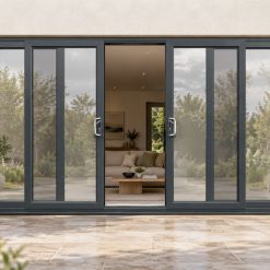 Anthracite Grey uPVC 4 pane sliding patio door on a house in daylight