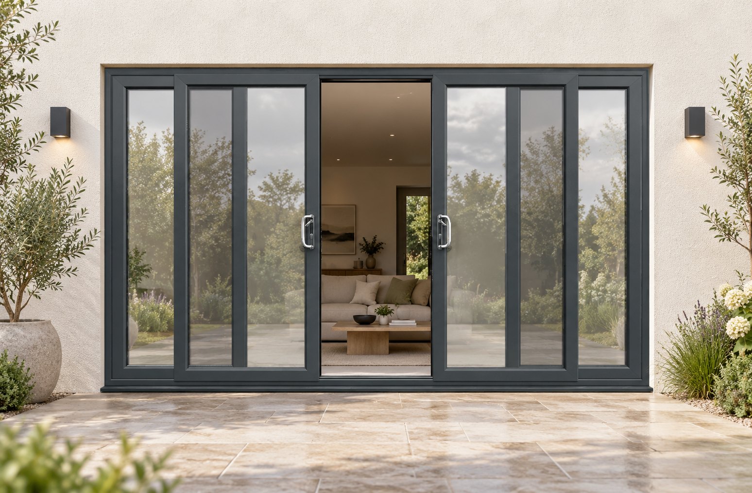 Anthracite Grey uPVC 4 pane sliding patio door on a house in daylight