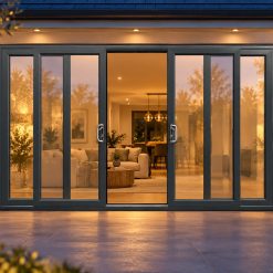 Anthracite Grey uPVC 4 pane sliding patio door lit up in the evening