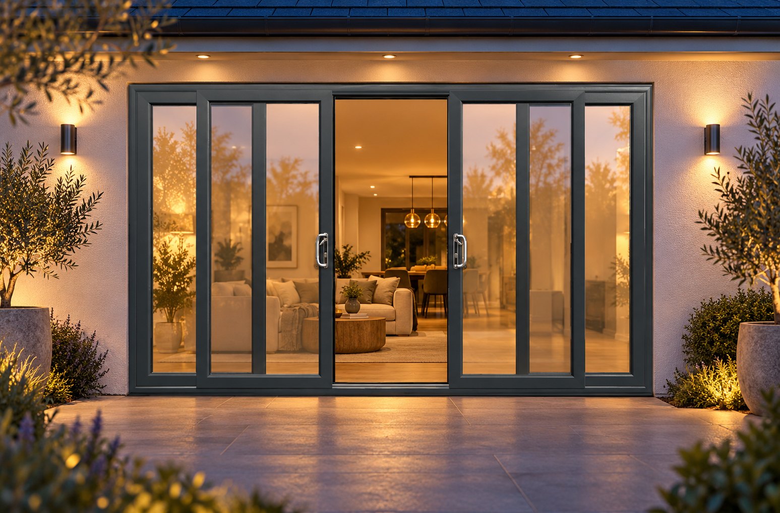 Anthracite Grey uPVC 4 pane sliding patio door lit up in the evening