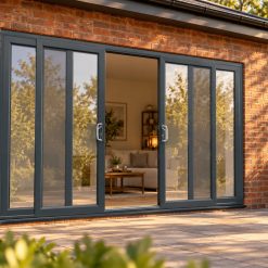 Anthracite Grey uPVC 4 pane sliding patio door opening onto a garden patio
