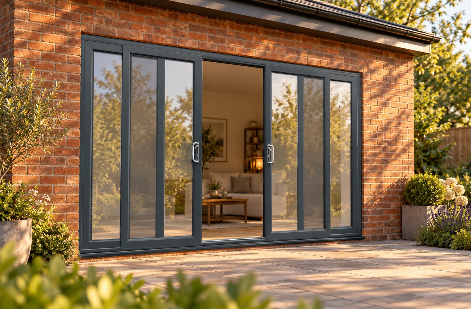 Anthracite Grey uPVC 4 pane sliding patio door opening onto a garden patio