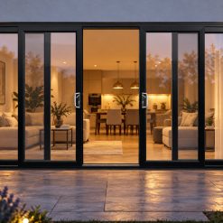 Black uPVC 4 pane sliding patio door lit up in the evening