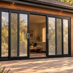 Black uPVC 4 pane sliding patio door opening onto a garden patio