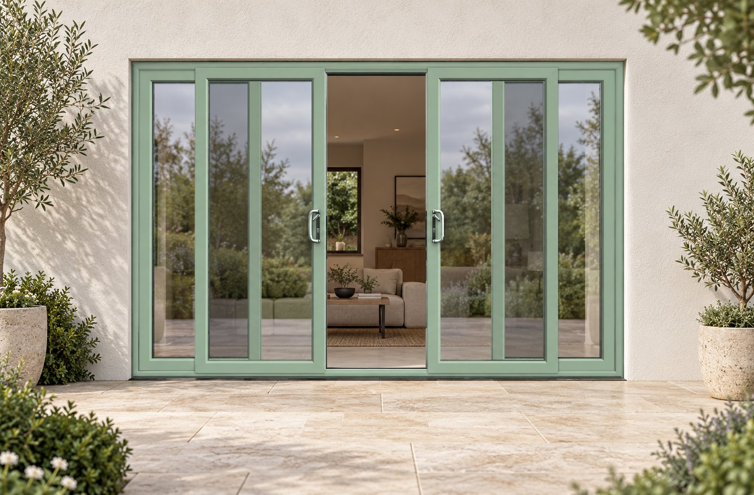 Chartwell Green uPVC 4 pane sliding patio door on a house in daylight