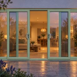 Chartwell Green uPVC 4 pane sliding patio door lit up in the evening