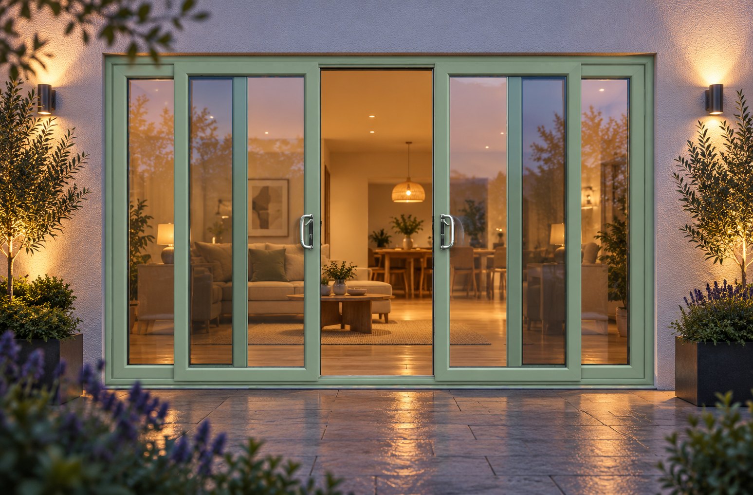 Chartwell Green uPVC 4 pane sliding patio door lit up in the evening