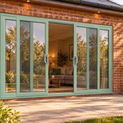 Chartwell Green uPVC 4 pane sliding patio door opening onto a garden patio