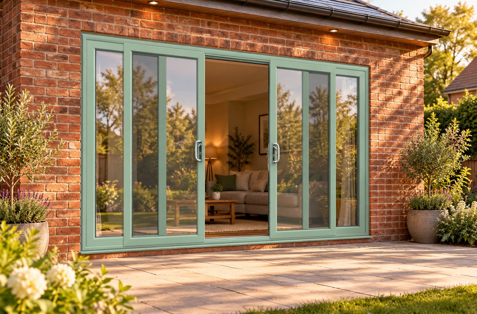 Chartwell Green uPVC 4 pane sliding patio door opening onto a garden patio