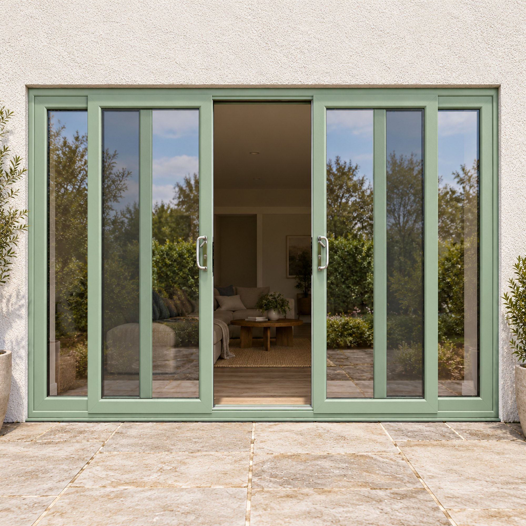 Chartwell Green uPVC 4 pane sliding patio door fitted to the back of a house