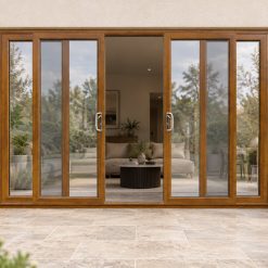 Golden Oak uPVC 4 pane sliding patio door on a house in daylight
