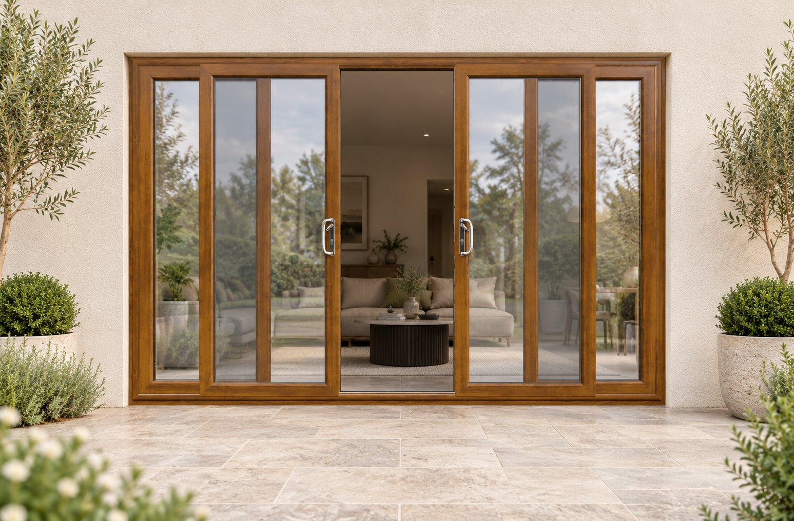 Golden Oak uPVC 4 pane sliding patio door on a house in daylight