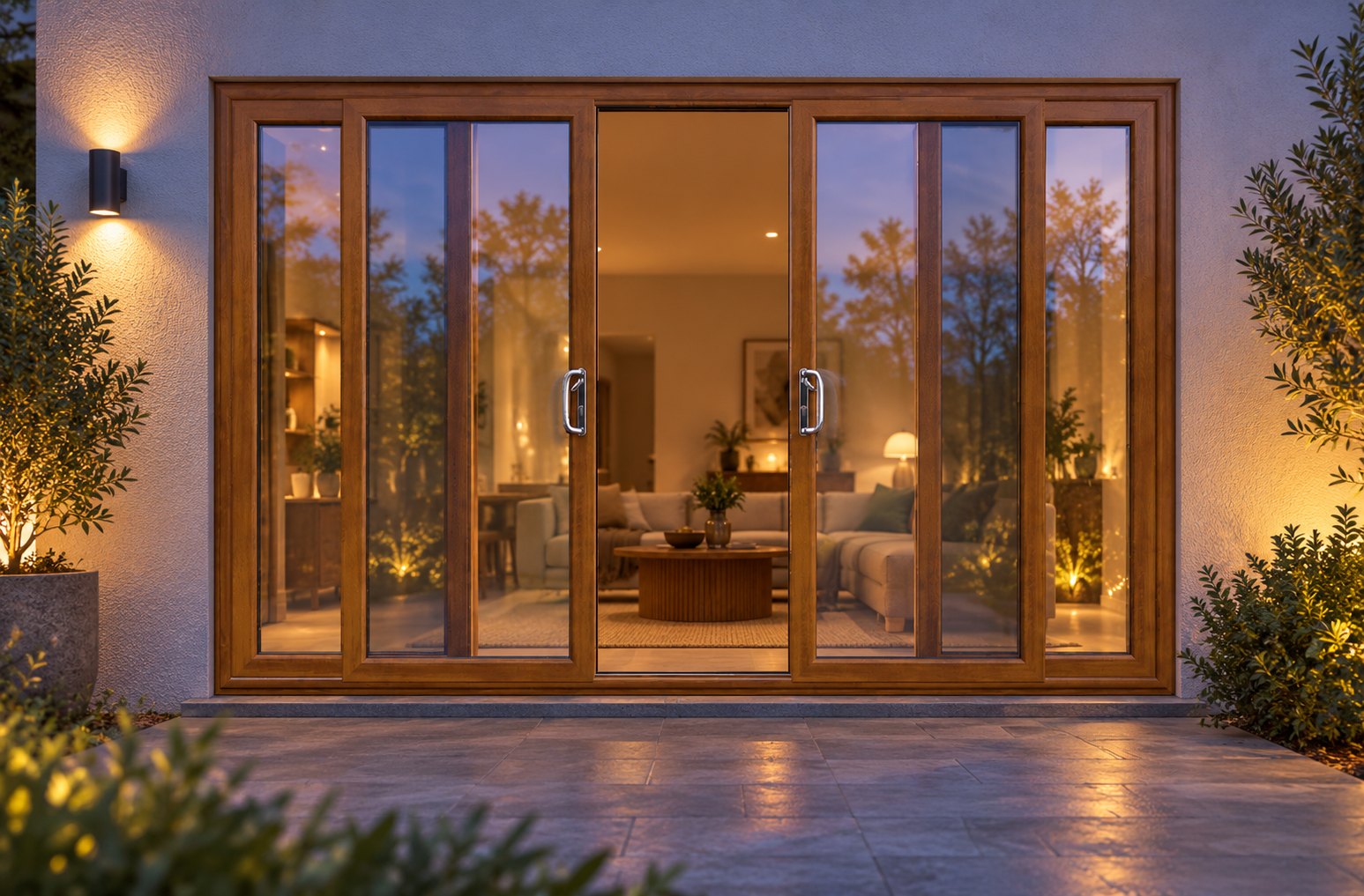 Golden Oak uPVC 4 pane sliding patio door lit up in the evening