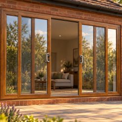 Golden Oak uPVC 4 pane sliding patio door opening onto a garden patio