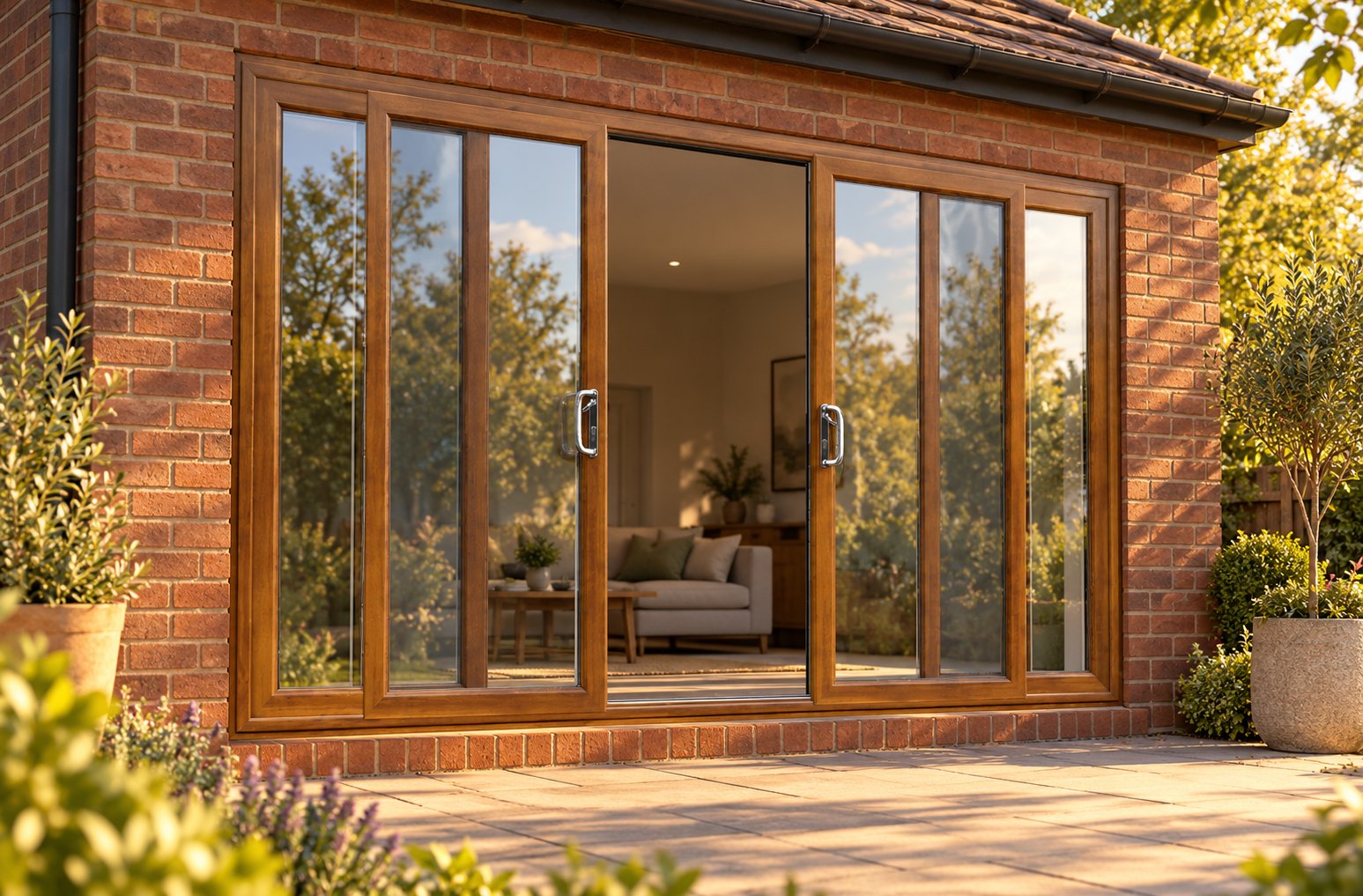 Golden Oak uPVC 4 pane sliding patio door opening onto a garden patio
