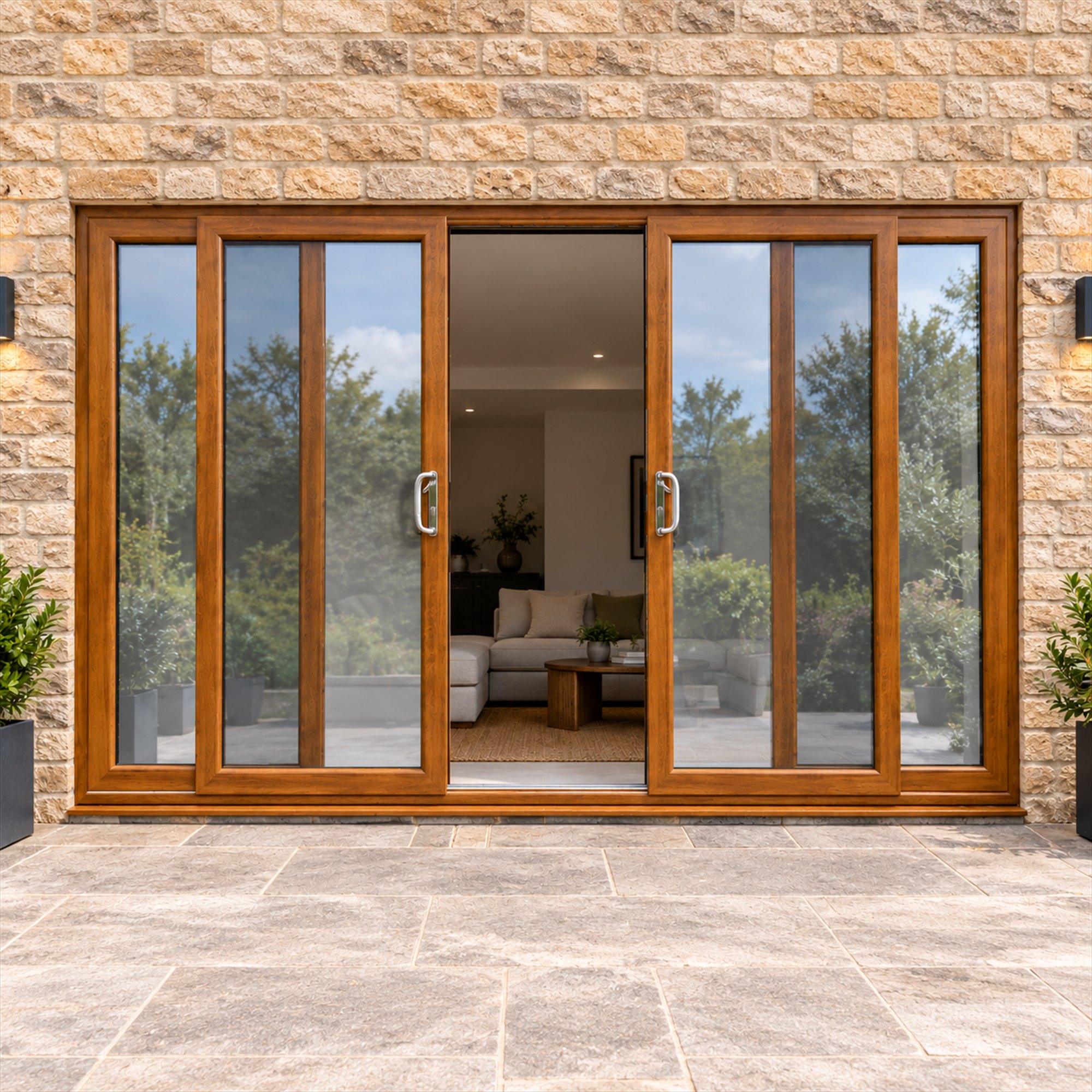 Golden Oak uPVC 4 pane sliding patio door fitted to the back of a house