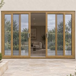 Irish Oak uPVC 4 pane sliding patio door on a house in daylight