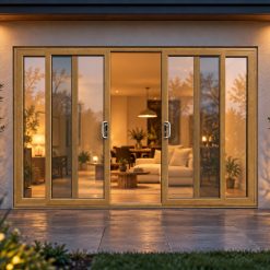 Irish Oak uPVC 4 pane sliding patio door lit up in the evening