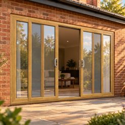 Irish Oak uPVC 4 pane sliding patio door opening onto a garden patio