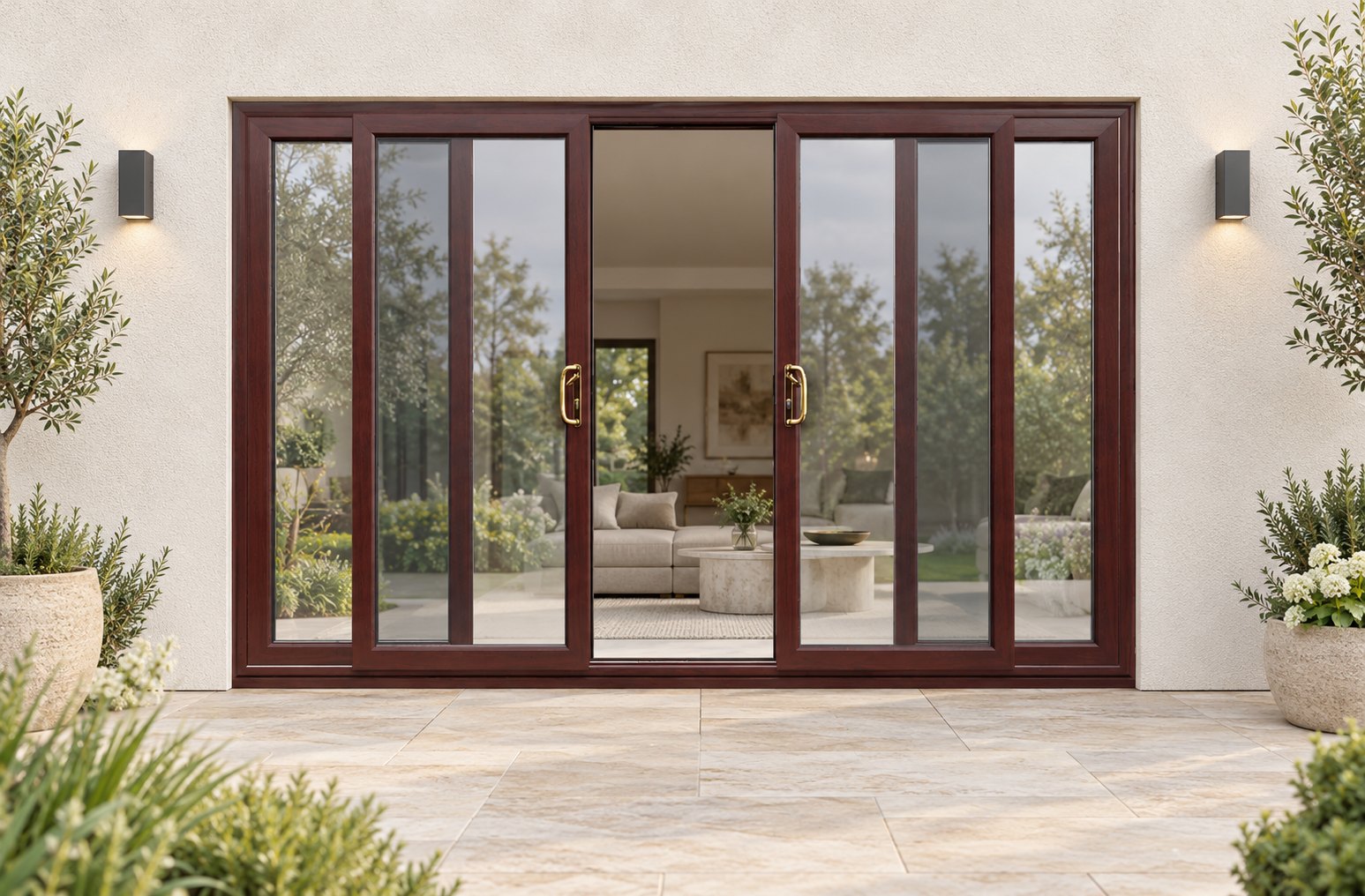 Rosewood uPVC 4 pane sliding patio door on a house in daylight