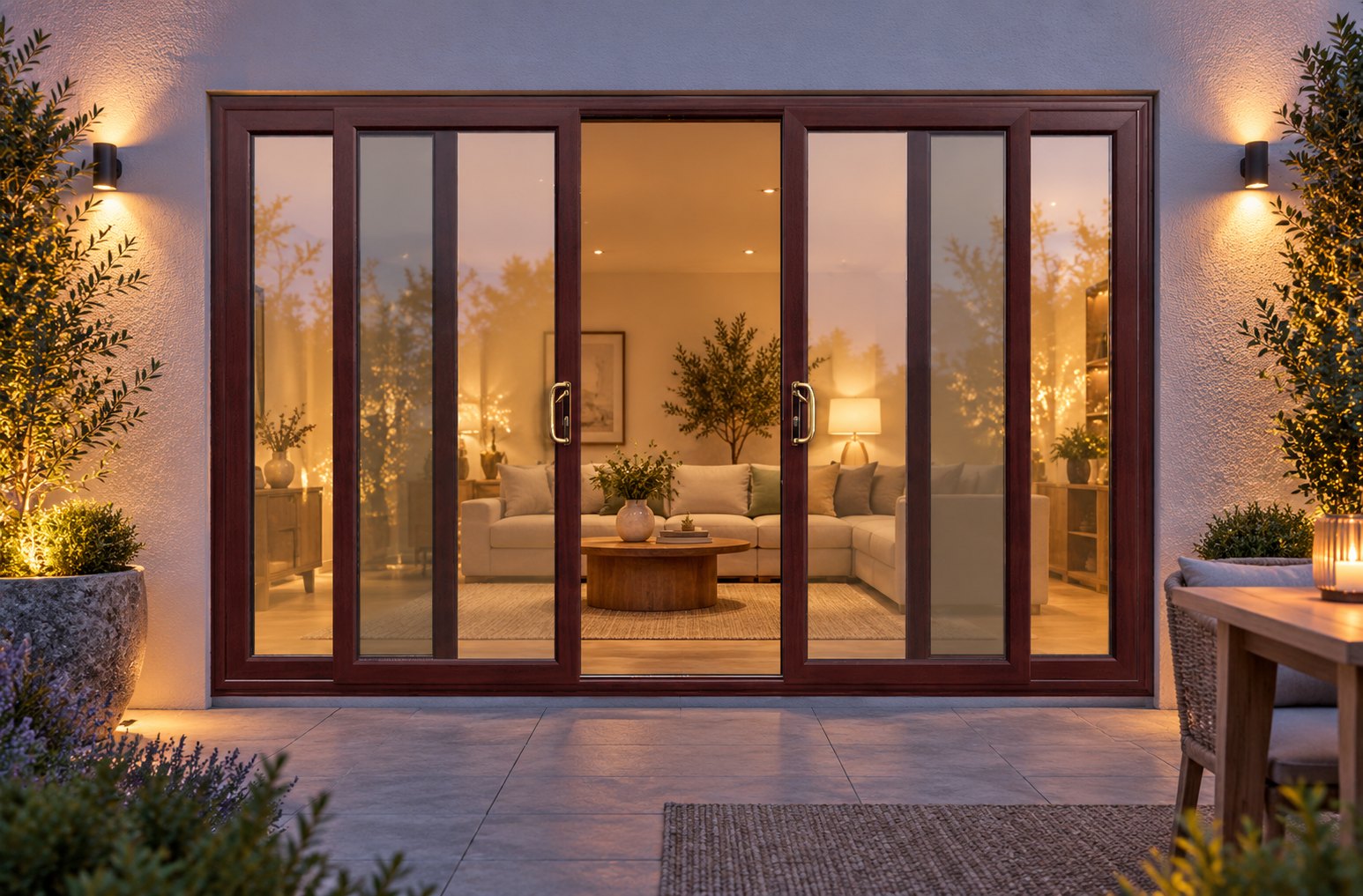 Rosewood uPVC 4 pane sliding patio door lit up in the evening