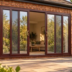Rosewood uPVC 4 pane sliding patio door opening onto a garden patio