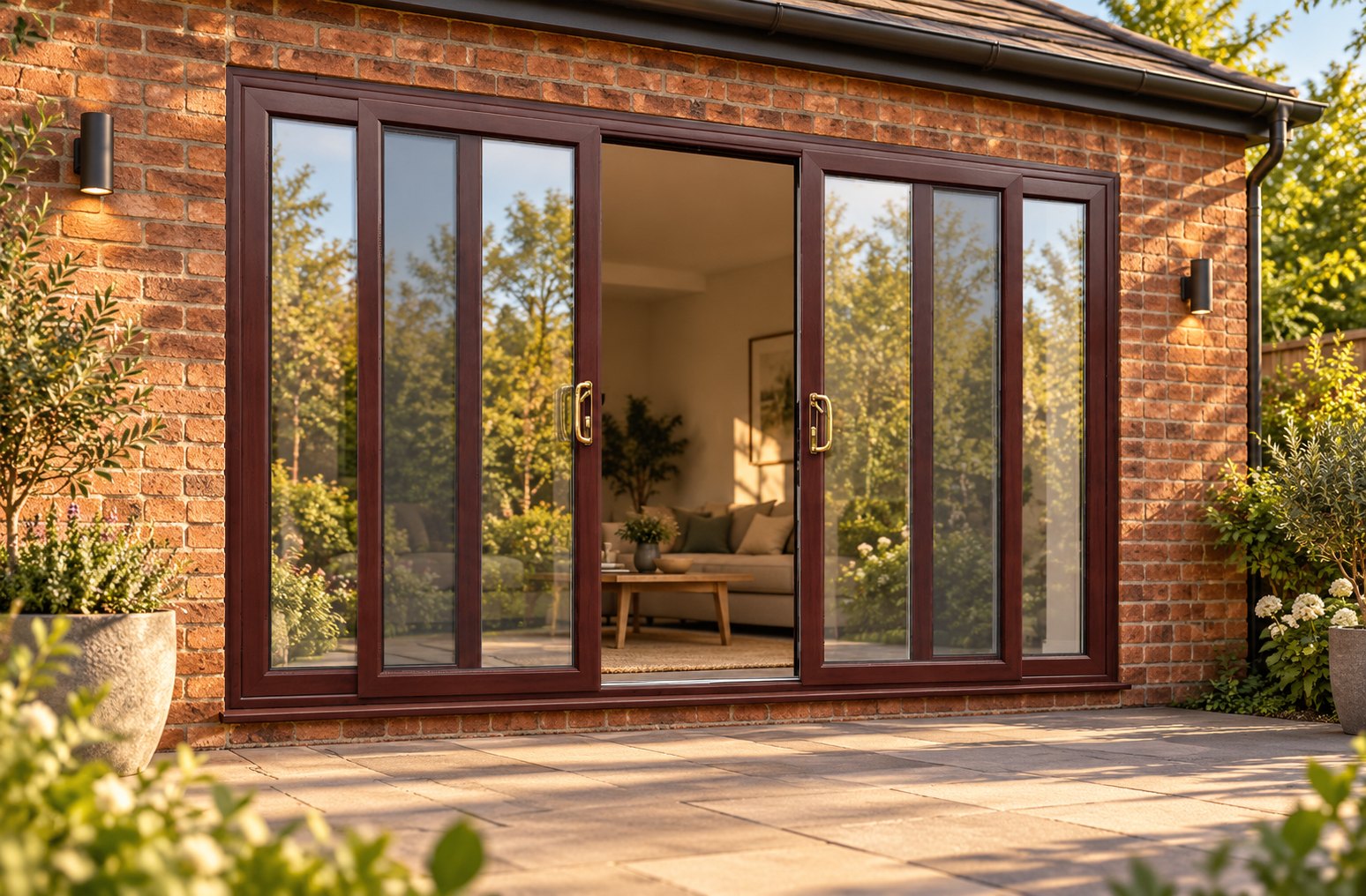 Rosewood uPVC 4 pane sliding patio door opening onto a garden patio