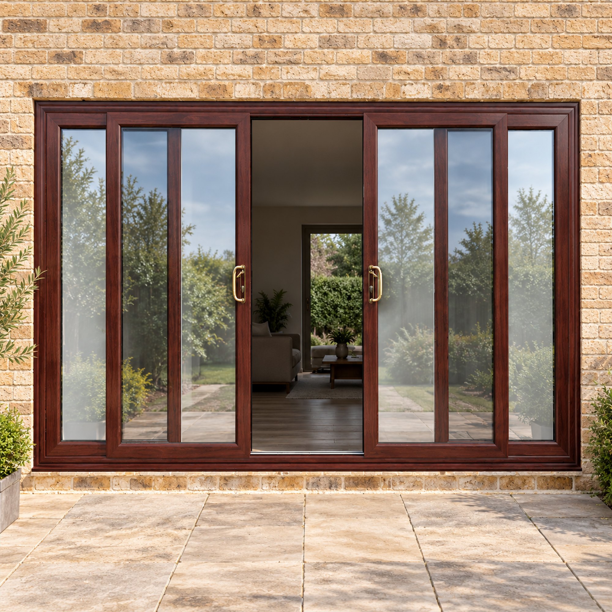 Rosewood uPVC 4 pane sliding patio door fitted to the back of a house