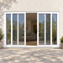 White uPVC 4 pane sliding patio door fitted to the back of a house