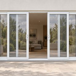 White uPVC 4 pane sliding patio door on a house in daylight