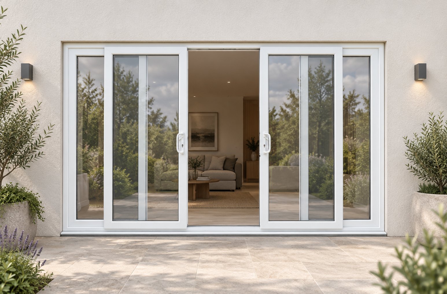 White uPVC 4 pane sliding patio door on a house in daylight
