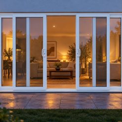 White uPVC 4 pane sliding patio door lit up in the evening