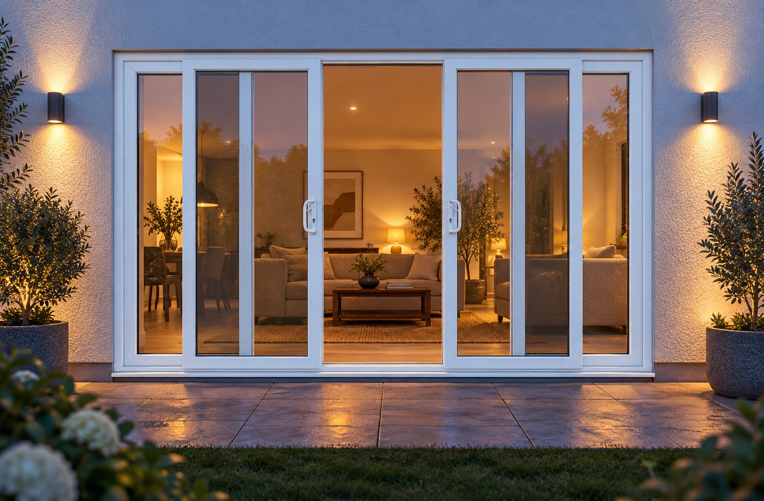 White uPVC 4 pane sliding patio door lit up in the evening