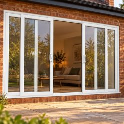 White uPVC 4 pane sliding patio door opening onto a garden patio