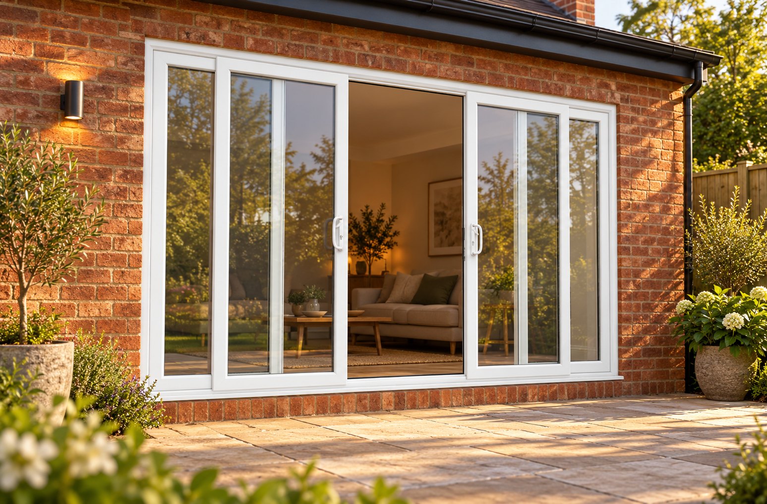White uPVC 4 pane sliding patio door opening onto a garden patio