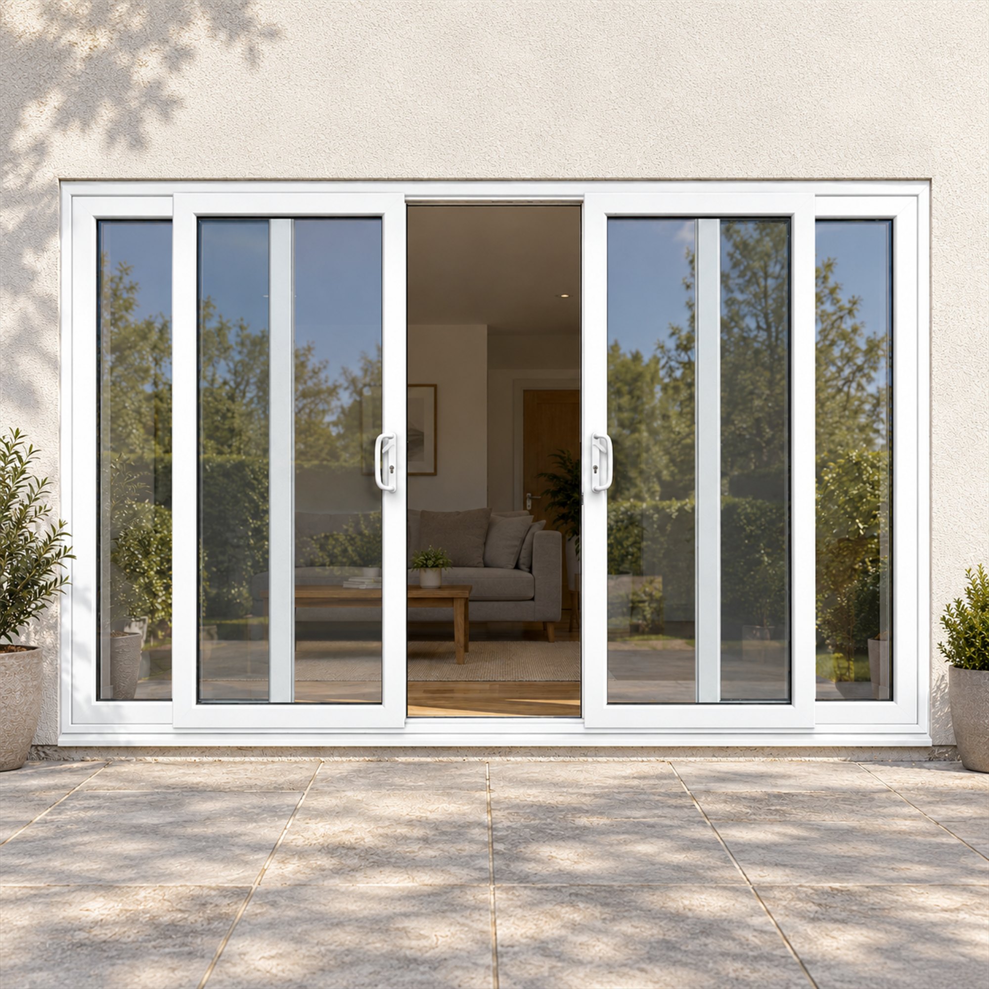White uPVC 4 pane sliding patio door fitted to the back of a house