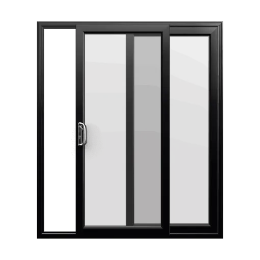 Black-framed two-pane sliding patio door shown partly open