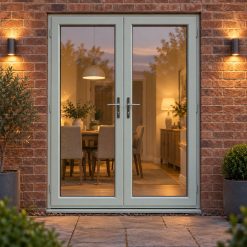 Agate Grey uPVC French Doors lit up in the evening