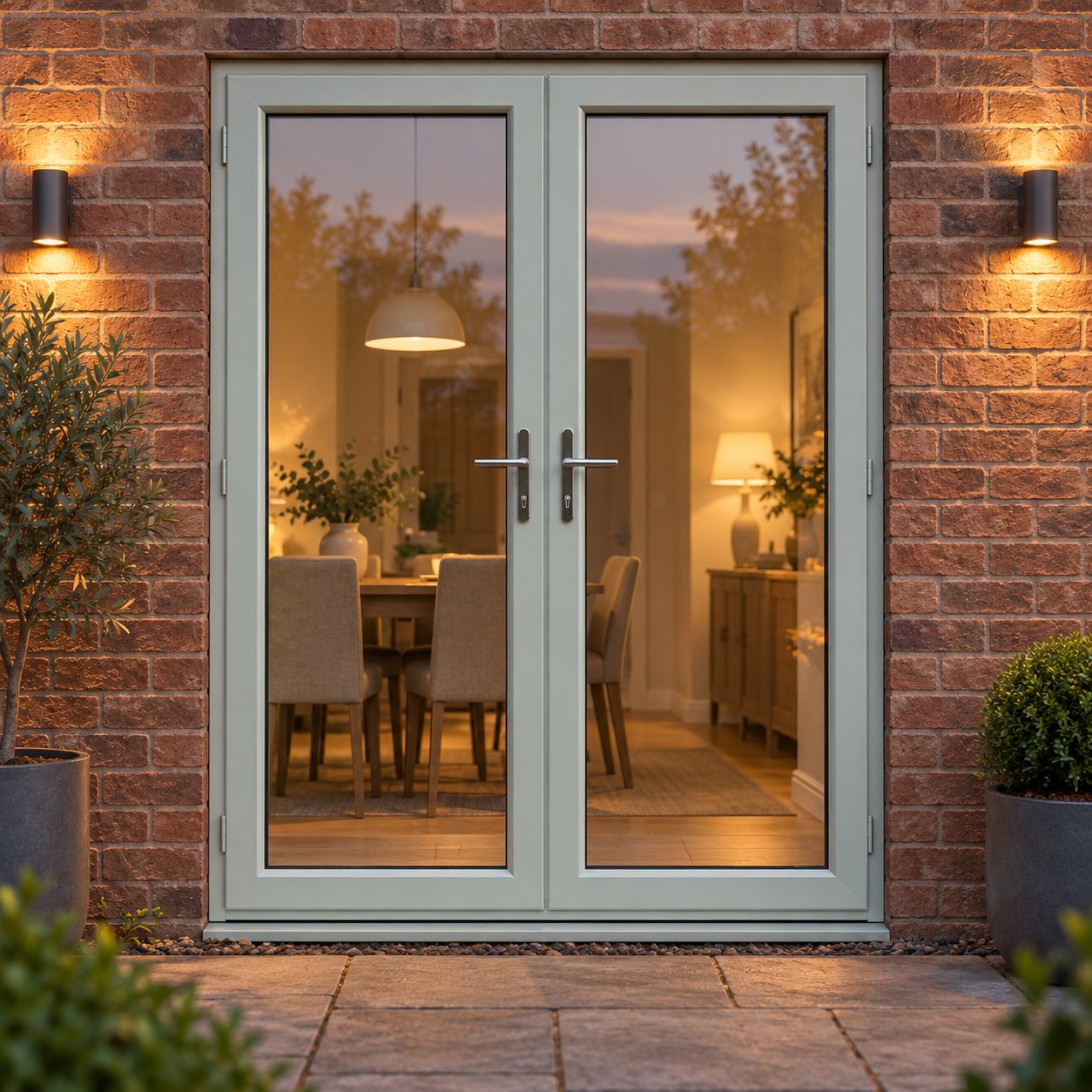 Agate Grey uPVC French Doors lit up in the evening