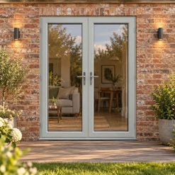 Agate Grey uPVC French Doors opening onto garden decking
