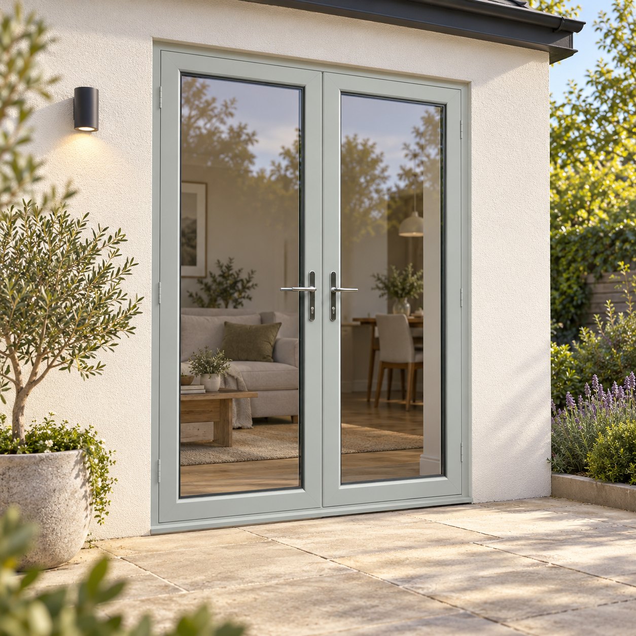 Agate Grey uPVC French Doors on a rendered house