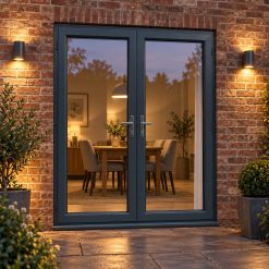 Anthracite Grey uPVC French Doors lit up in the evening