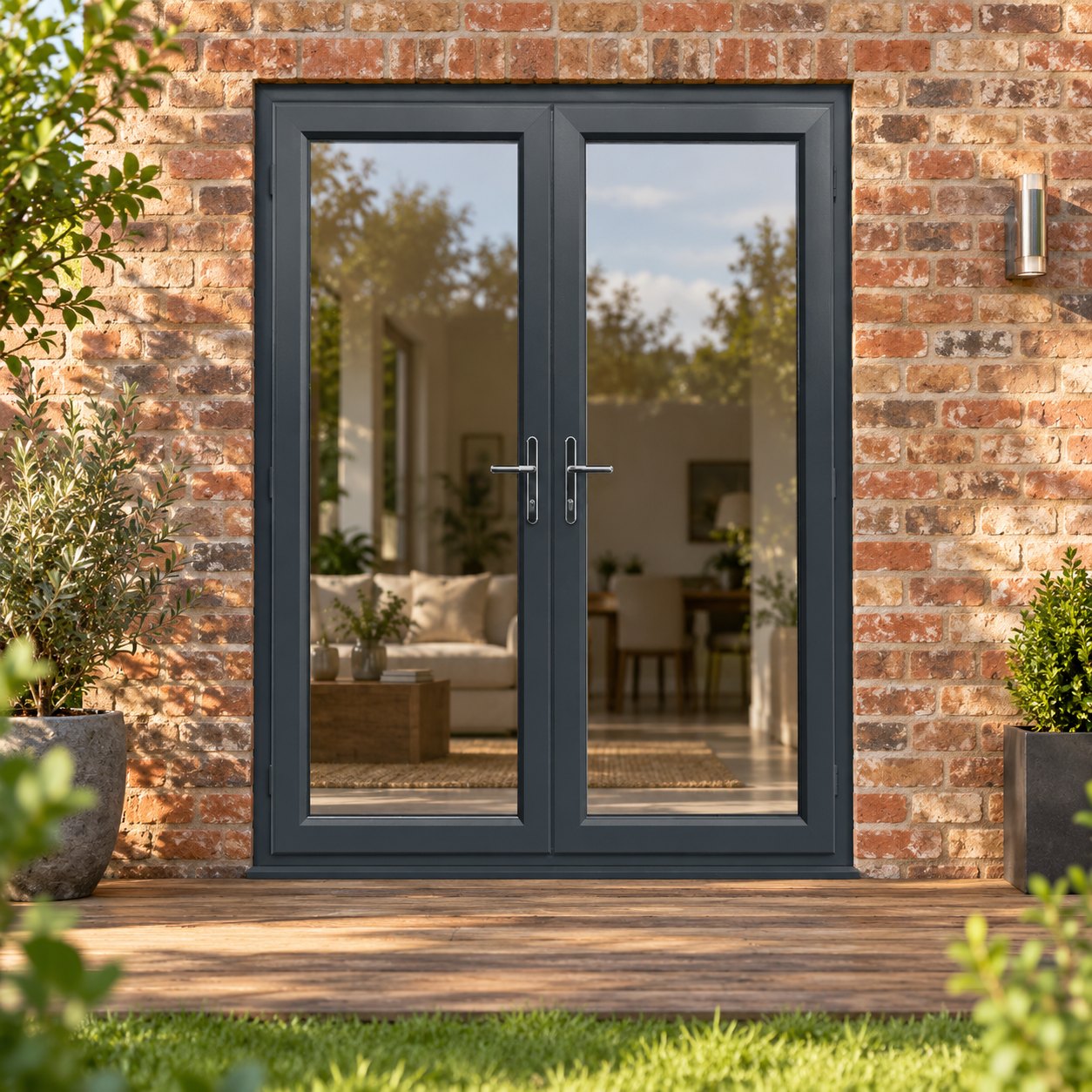 Anthracite Grey uPVC French Doors opening onto garden decking