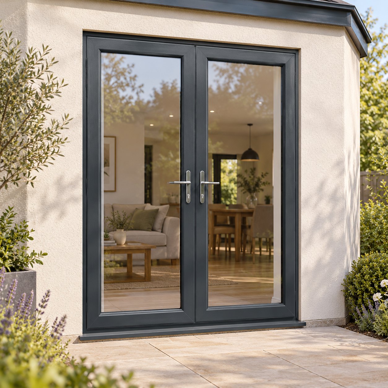 Anthracite Grey uPVC French Doors on a rendered house