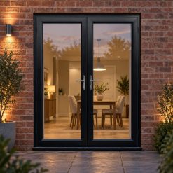 Black uPVC French Doors lit up in the evening