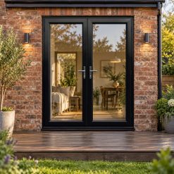 Black uPVC French Doors opening onto garden decking