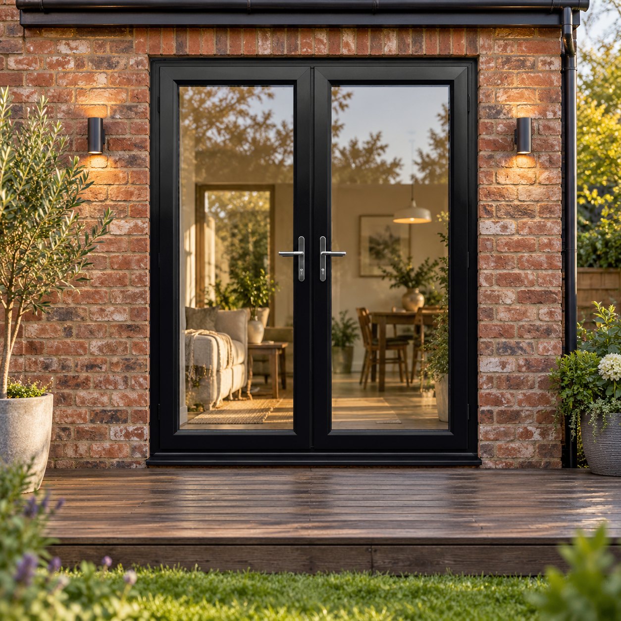 Black uPVC French Doors opening onto garden decking