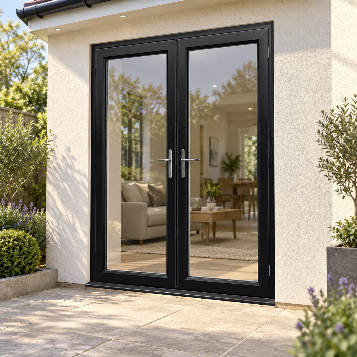 Black uPVC French Doors on a rendered house